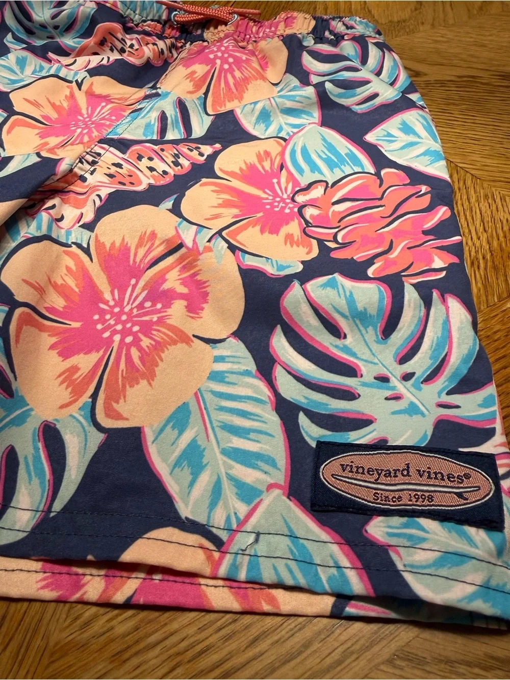 Vineyard Vines Navy Swim Shorts with Pink & Coral Floral Print